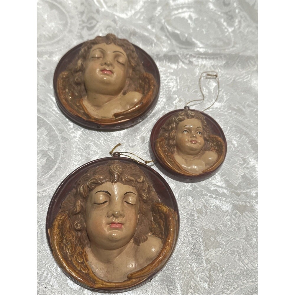 3 Vintage Dimentional Ornaments Angel Face